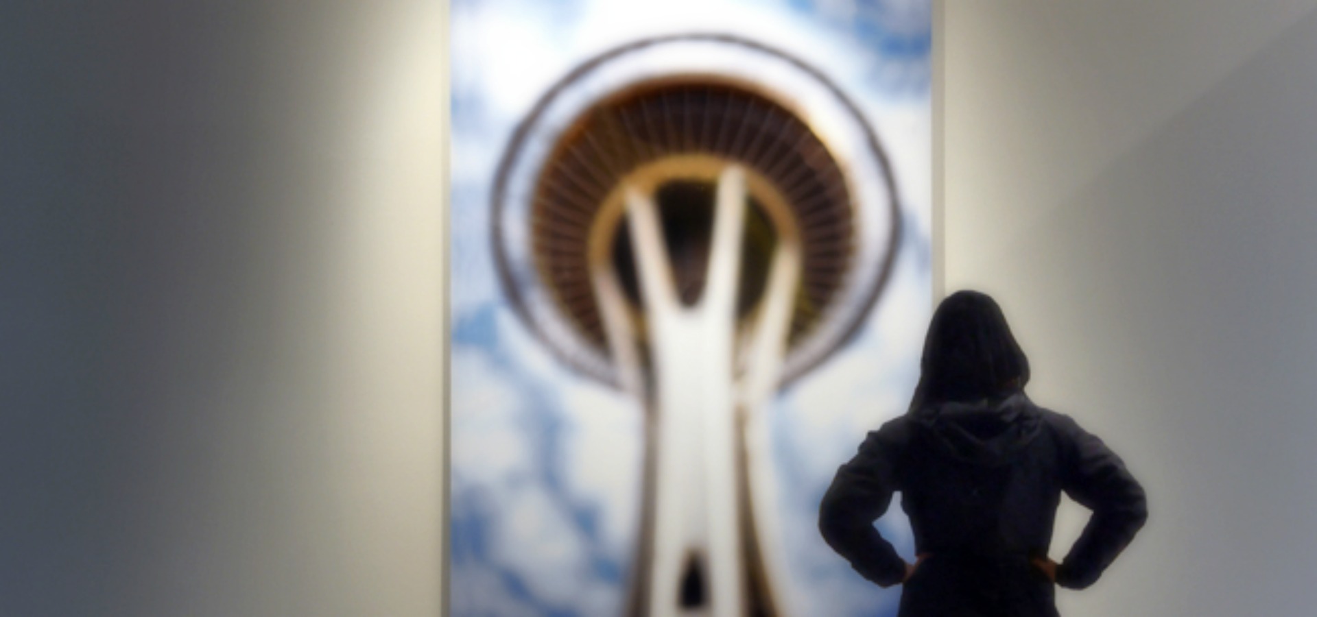 person looking at image of Space Needle