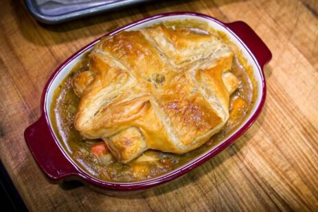 Dish filled with chicken pot pie.