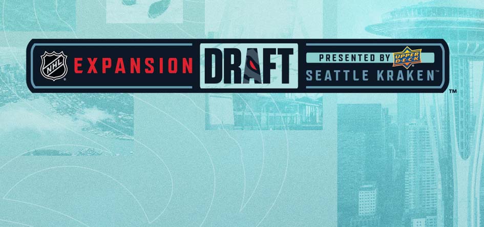 Graphic banner with words and colors about the NHL expansion draft for the Seattle Kraken.