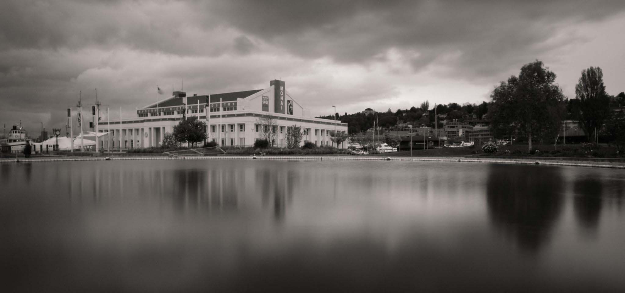 Black and white photograph of MOHAI and Lake Union.