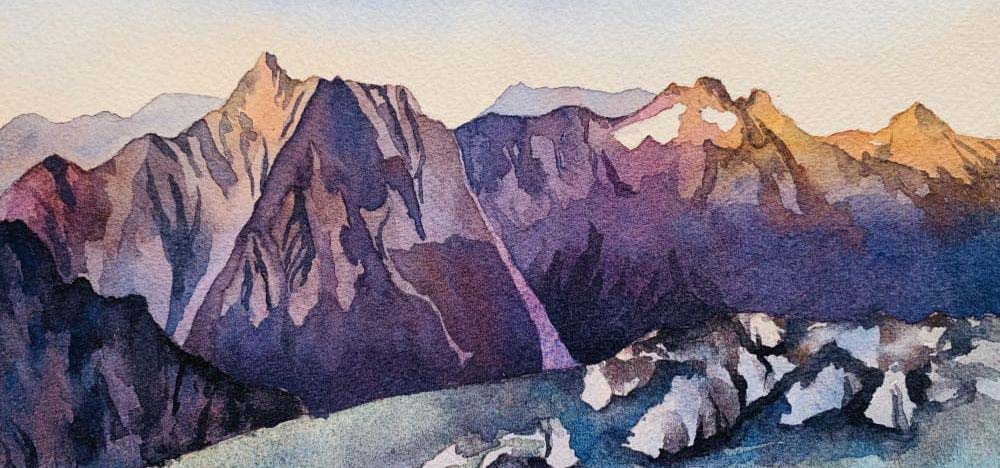 Watercolor of a mountain scape in purple hues.