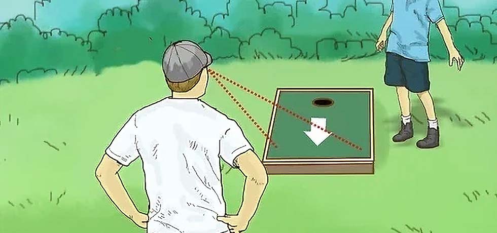 Cartoon graphic of two men playing bag toss.