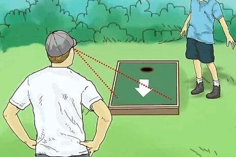 Cartoon graphic of two men playing bag toss.