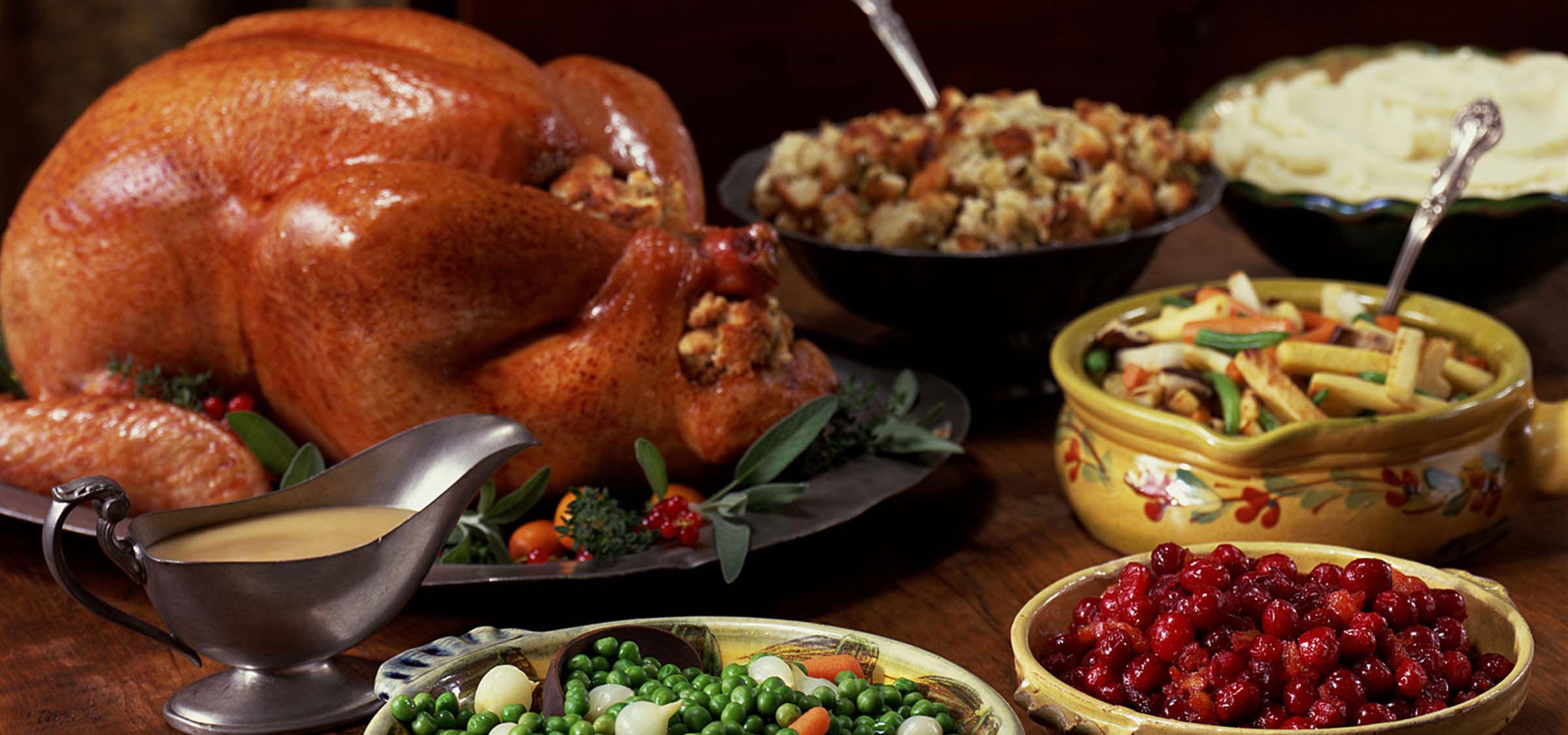 Thanksgiving meal spread on a table.