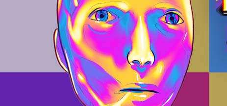 Colorful graphic with a robot face in colors of purple, blue and pink.