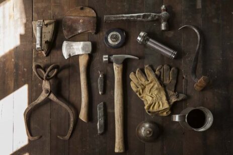 Woodworking hand tools displayed on a table.