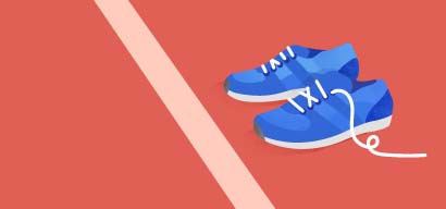 Color graphic of blue running shoes on a red track.