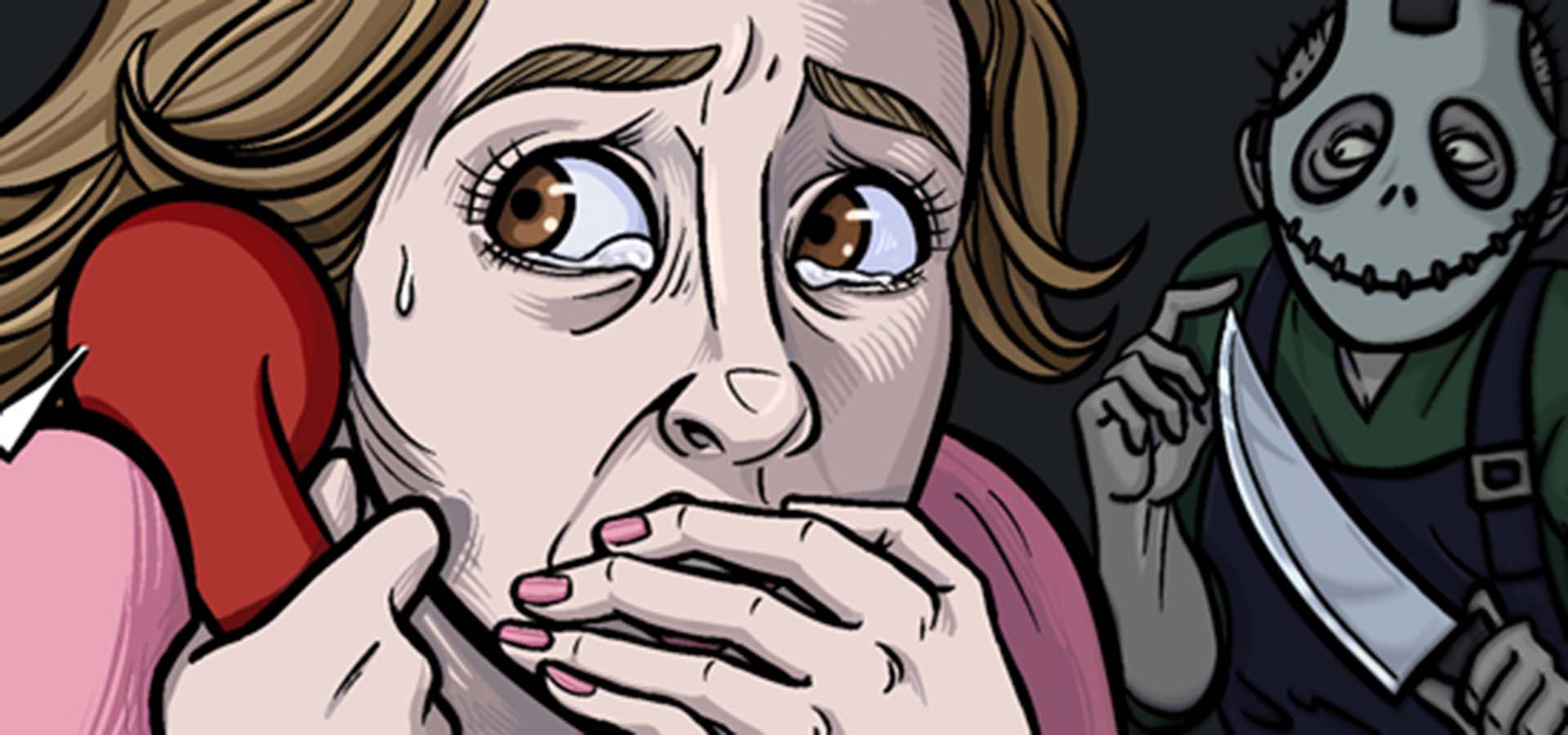 Comic book drawing of a women crying and making a phone call while serial killer is behind her.