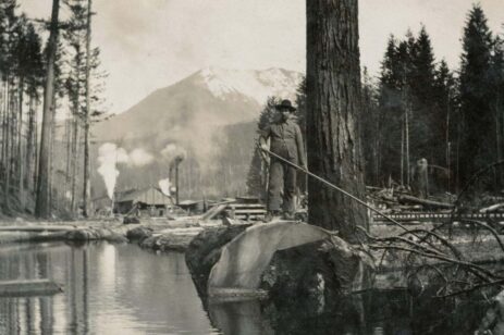 Old photo of a man floating logs down a river.