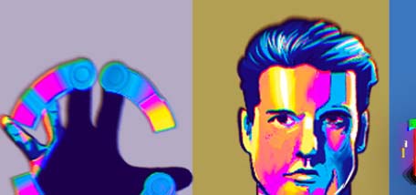 Colorful graphic of a man's face and his hand making a circle motion.