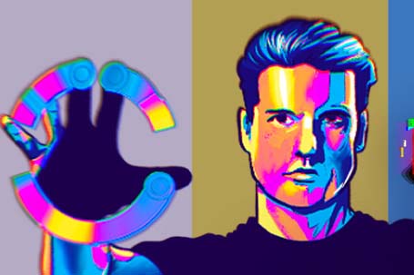 Colorful graphic of a man's face and his hand making a circle motion.