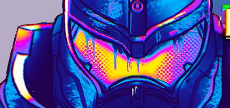 Colorful graphic with a robot face in colors of purple, blue and pink.