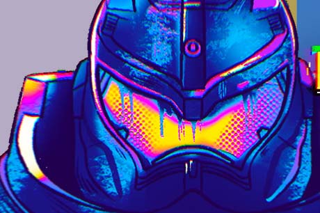Colorful graphic with a robot face in colors of purple, blue and pink.