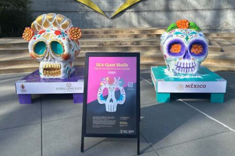 Art display of decorated skulls for Dia de los Muertos.
