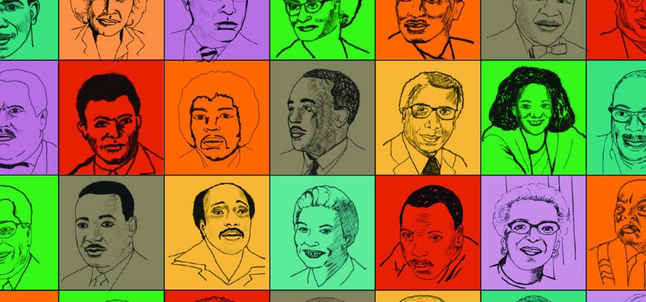 Collage of faces with colorful background.