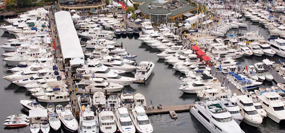 Yachts moored in slips at a marina.