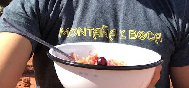 Bowl of gourmet camping food.